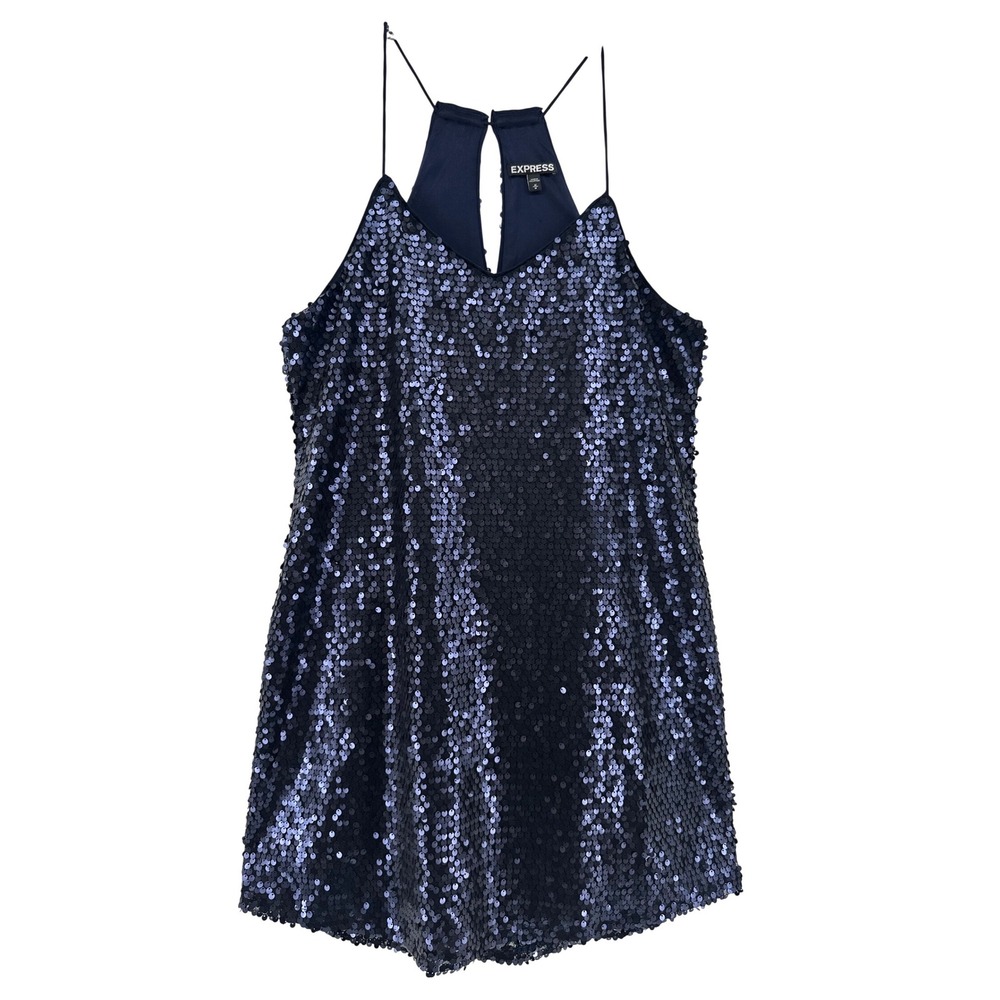 Express‎ Navy Blue Sequin Halter Mini Dress Keyhole Back Size M Night Out Party